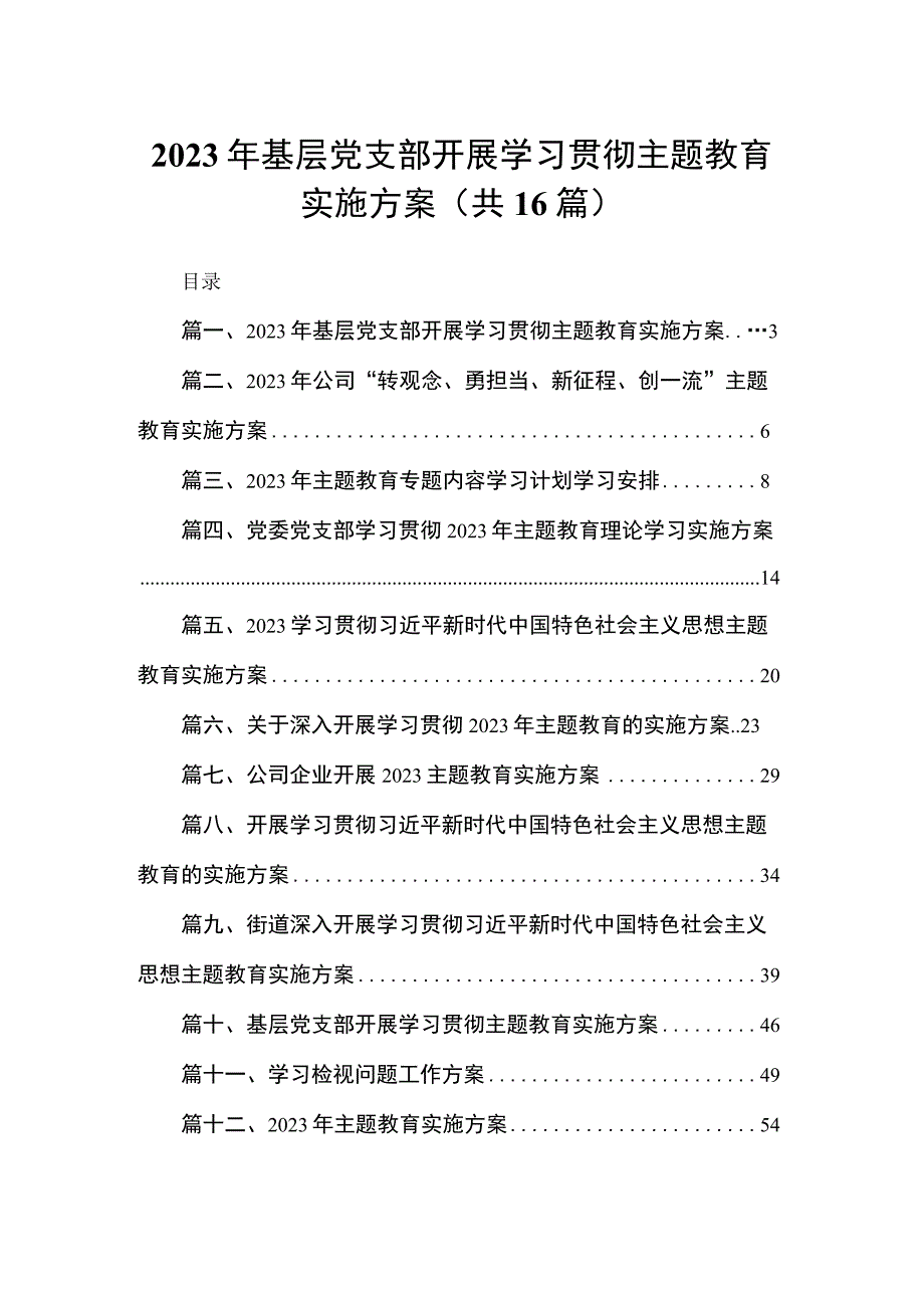 2023年基层党支部开展学习贯彻专题教育实施方案16篇供参考.docx_第1页