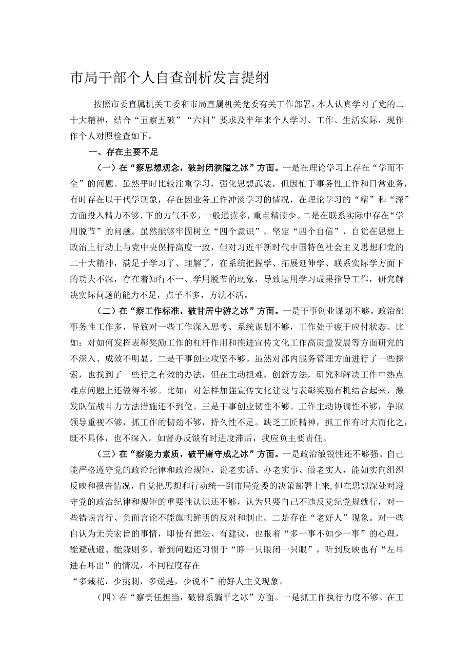 市局干部个人自查剖析发言提纲.docx_第1页