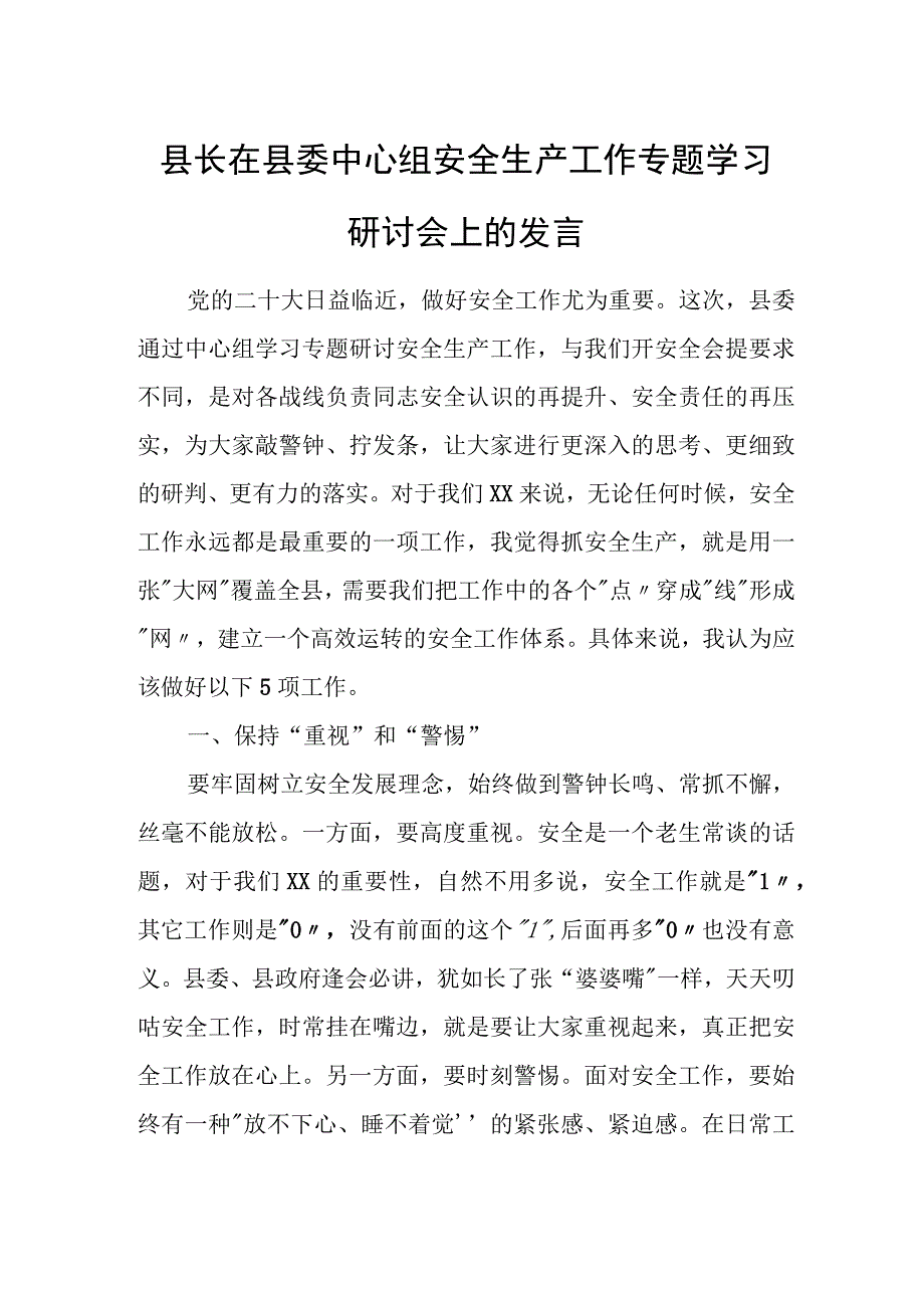 县长在县委中心组安全生产工作专题学习研讨会上的发言.docx_第1页