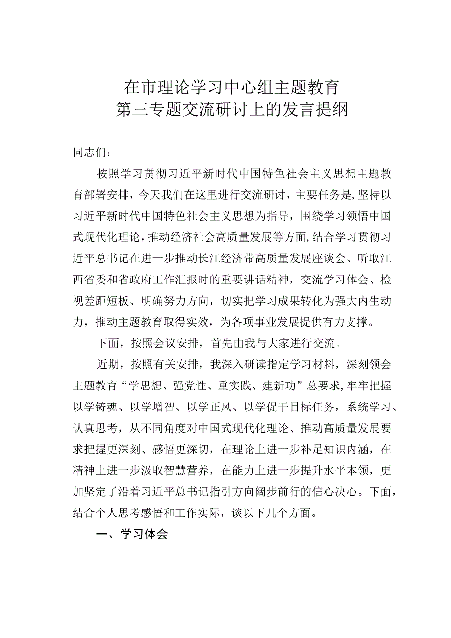 在市理论学习中心组主题教育第三专题交流研讨上的发言提纲.docx_第1页