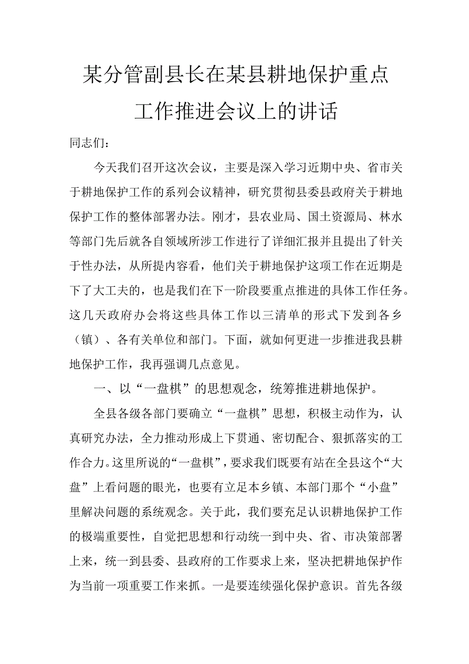 某分管副县长在某县耕地保护重点工作推进会议上的讲话讲话发言.docx_第1页