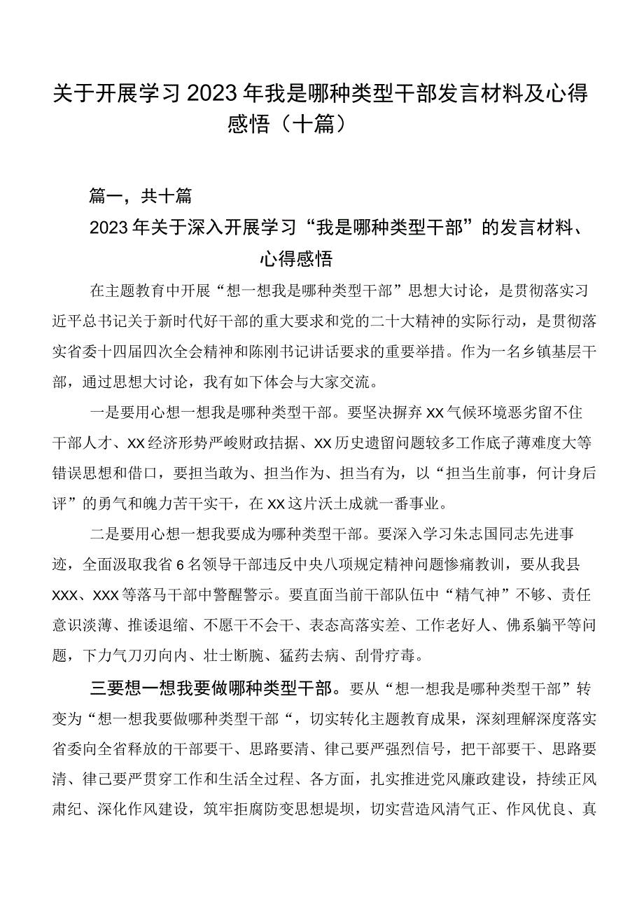 关于开展学习2023年我是哪种类型干部发言材料及心得感悟（十篇）.docx_第1页