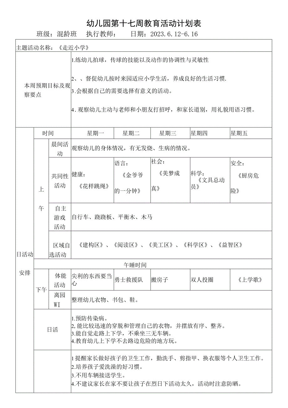 幼儿园第十七周教育活动计划表.docx_第1页