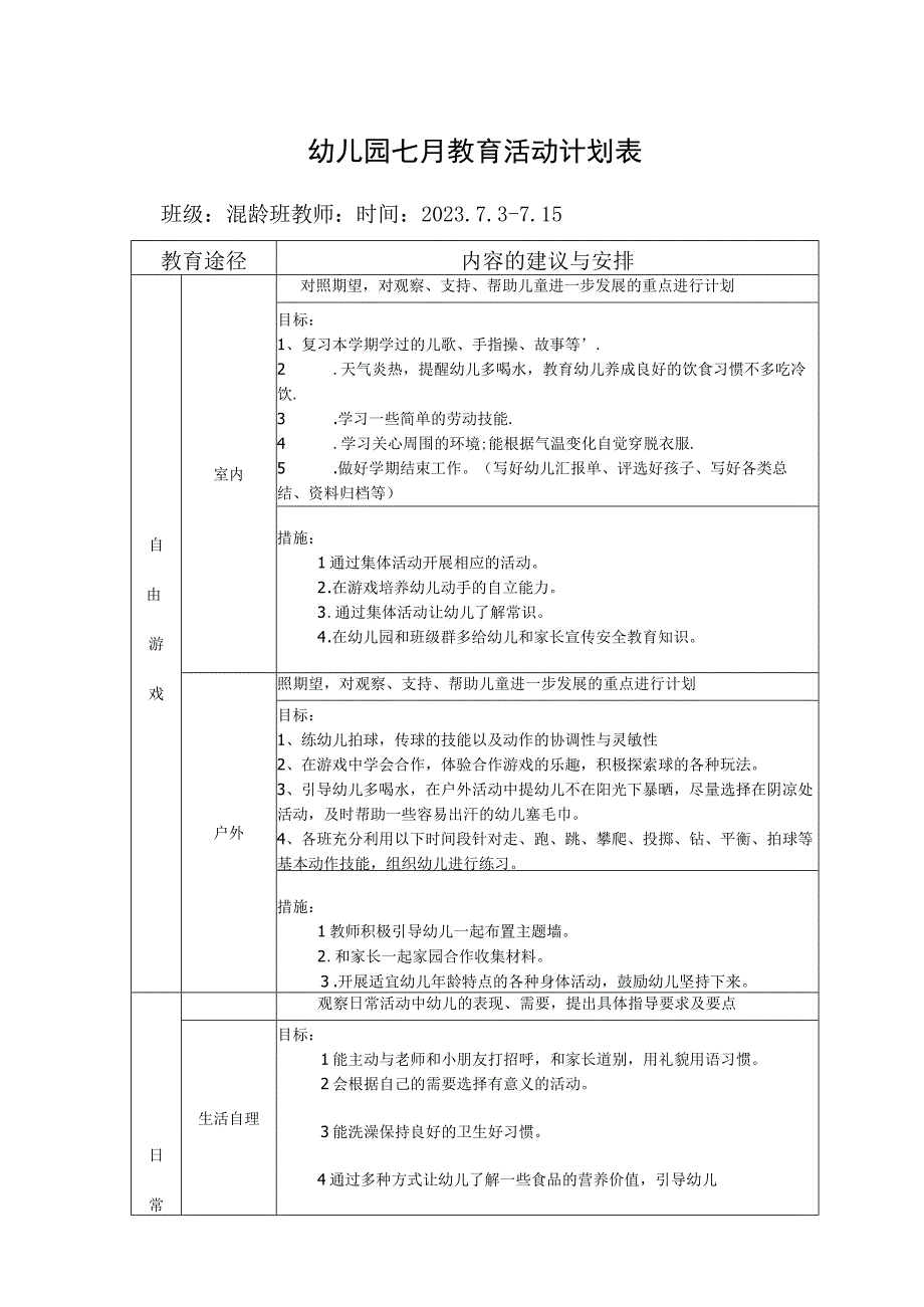 幼儿园七月教育活动计划表.docx_第1页