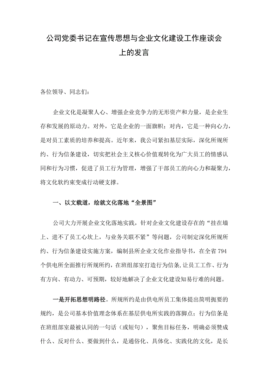 公司党委书记在宣传思想与企业文化建设工作座谈会上的发言.docx_第1页