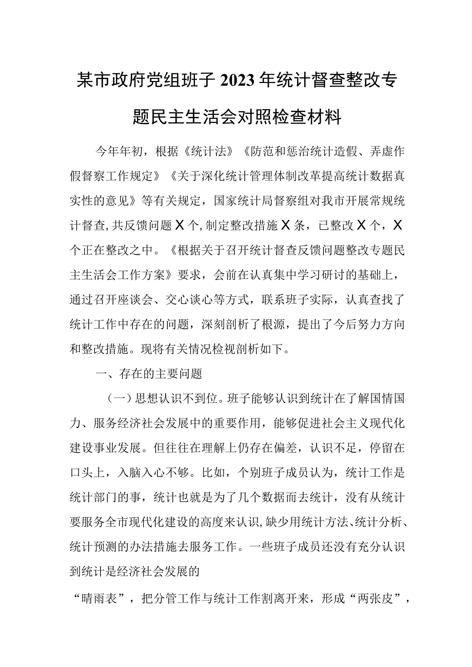 某市政府党组班子2023年统计督查整改专题民主生活会对照检查材料.docx_第1页