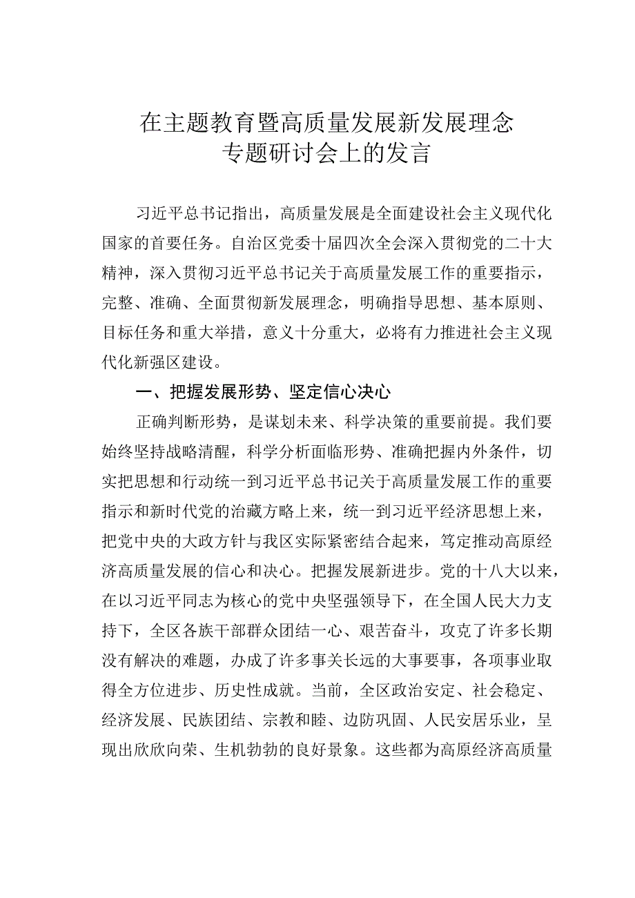 在主题教育暨高质量发展新发展理念专题研讨会上的发言.docx_第1页