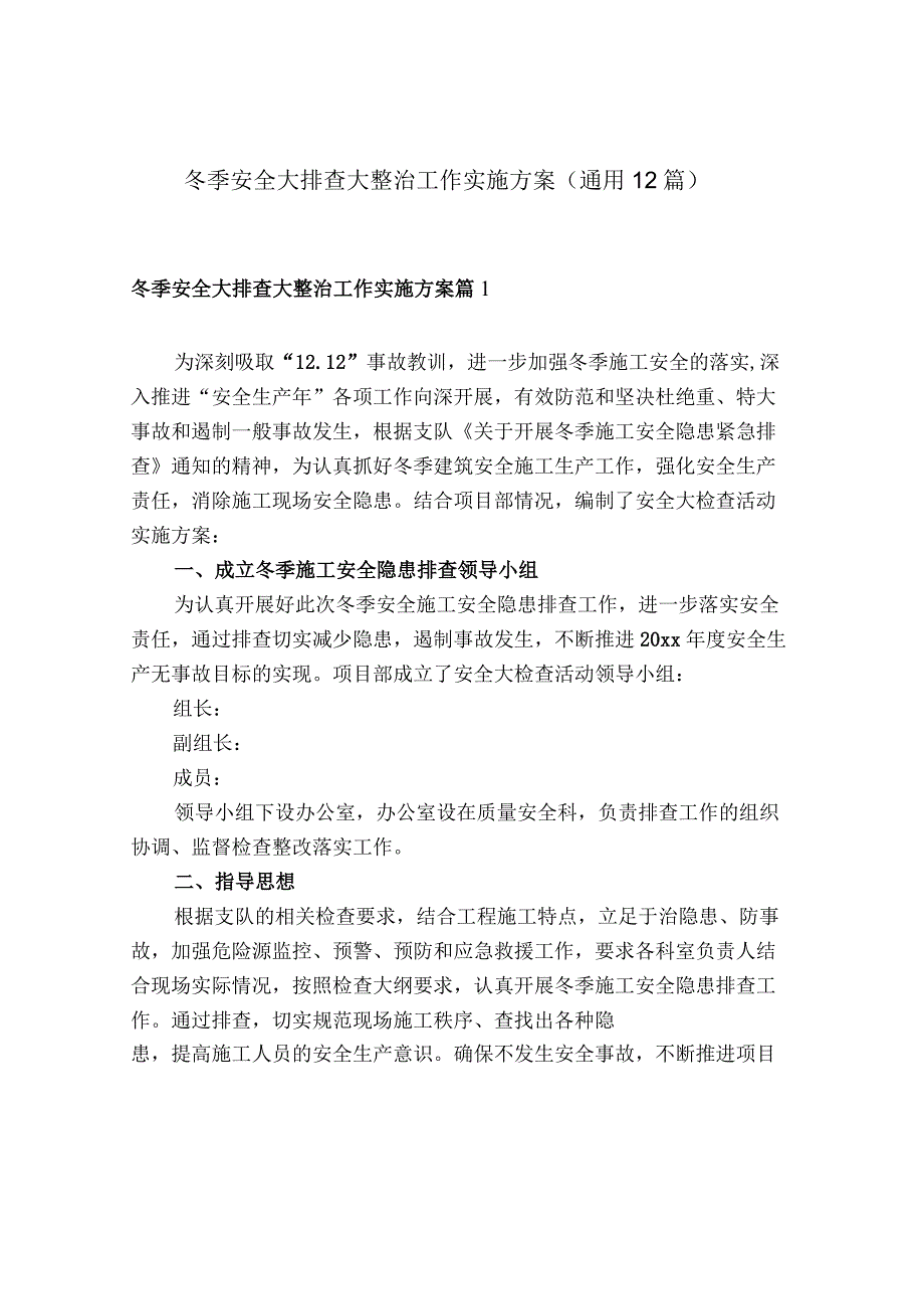 冬季安全大排查大整治工作实施方案（12篇）.docx_第1页