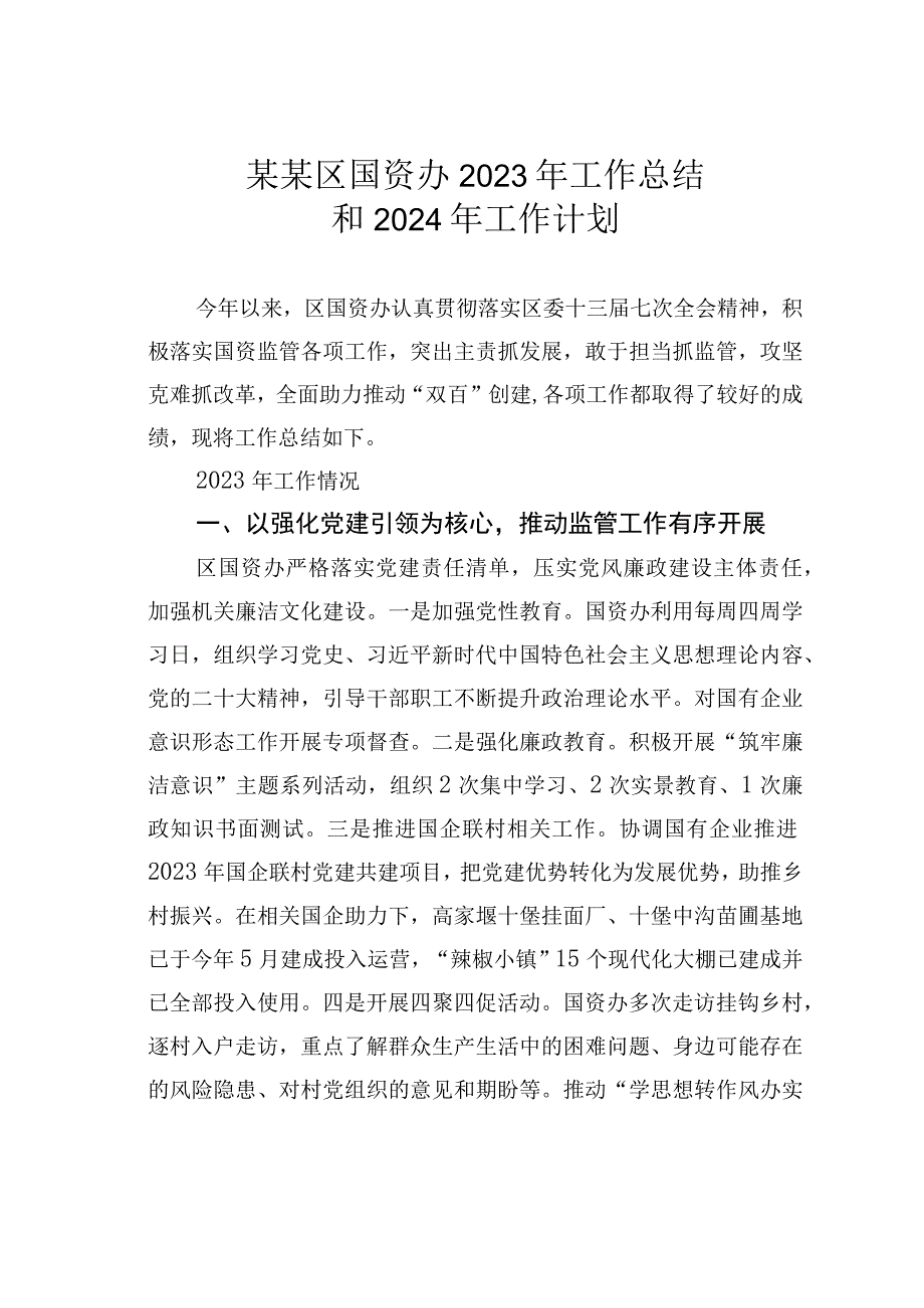 某某区国资办2023年工作总结和2024年工作计划.docx_第1页