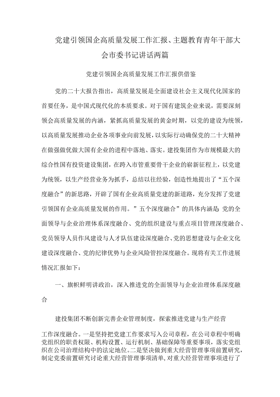 党建引领国企高质量发展工作汇报、主题教育青年干部大会市委书记讲话两篇.docx_第1页