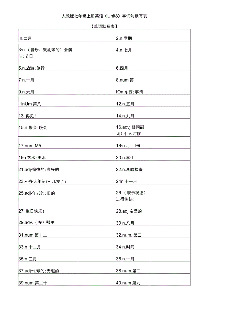 人教版七年级上册 Unit 8 When is your birthday_单词短语句子默写表（含答案）.docx_第1页