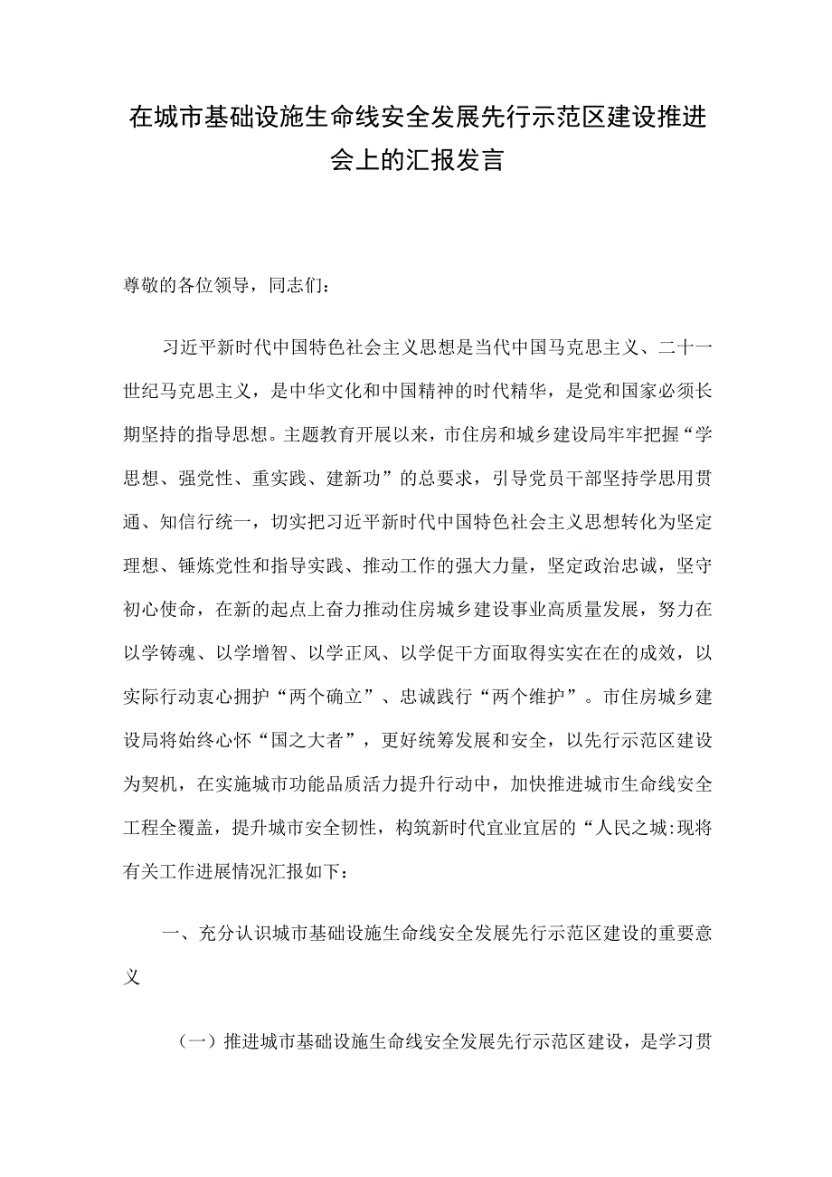 在城市基础设施生命线安全发展先行示范区建设推进会上的汇报发言.docx_第1页