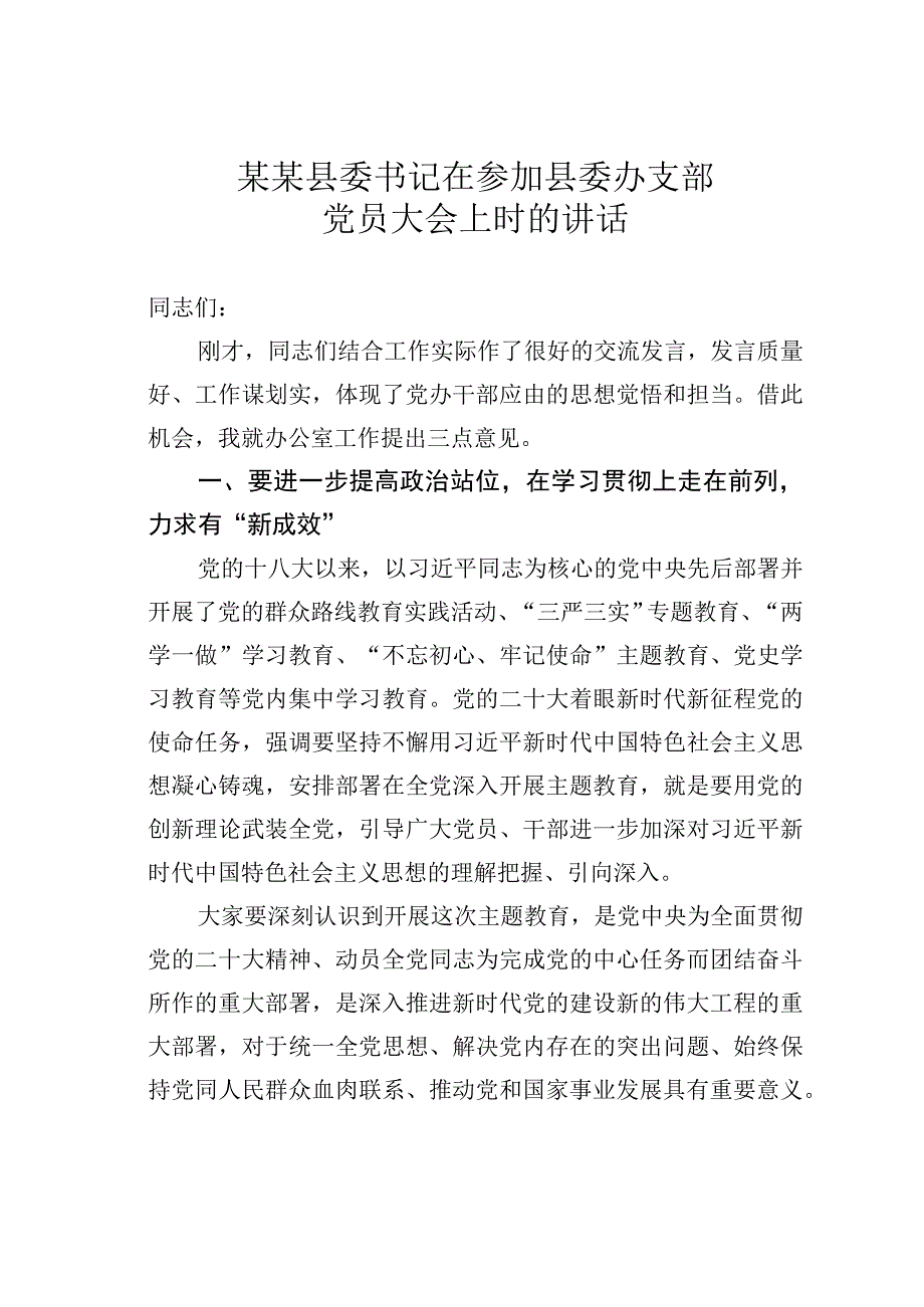 某某县委书记在参加县委办支部党员大会上时的讲话.docx_第1页