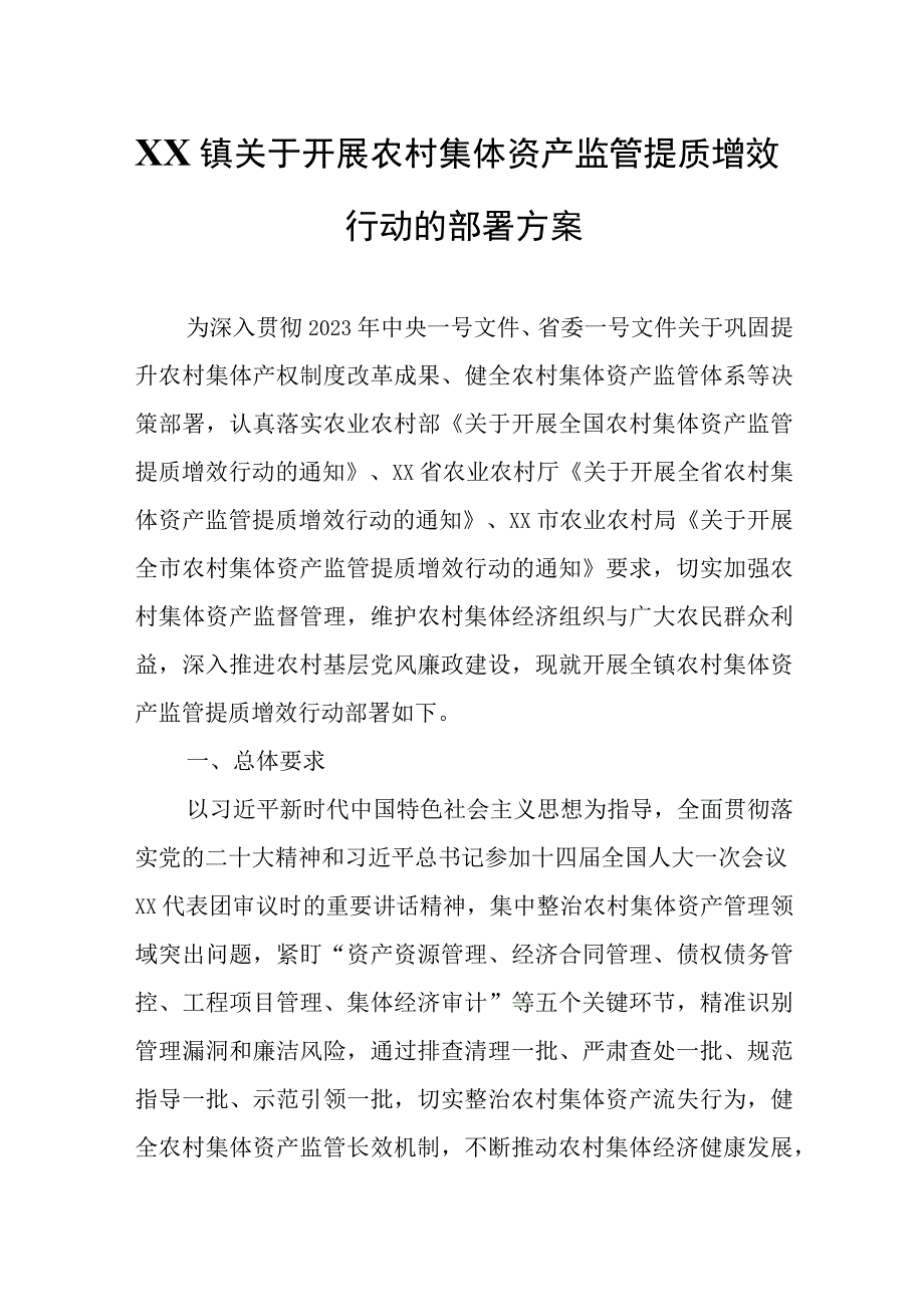 XX镇关于开展农村集体资产监管提质增效行动的部署方案.docx_第1页