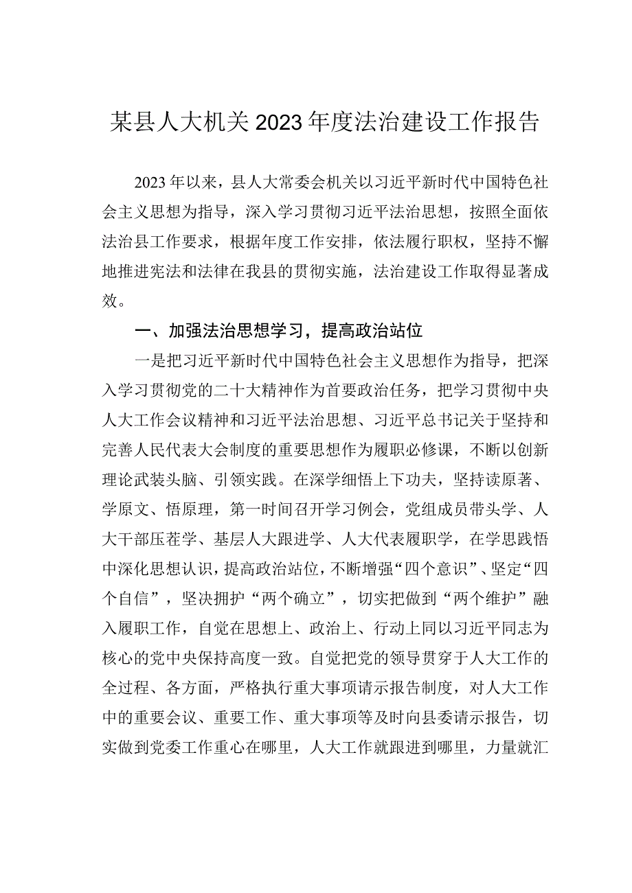 某县人大机关2023年度法治建设工作报告.docx_第1页