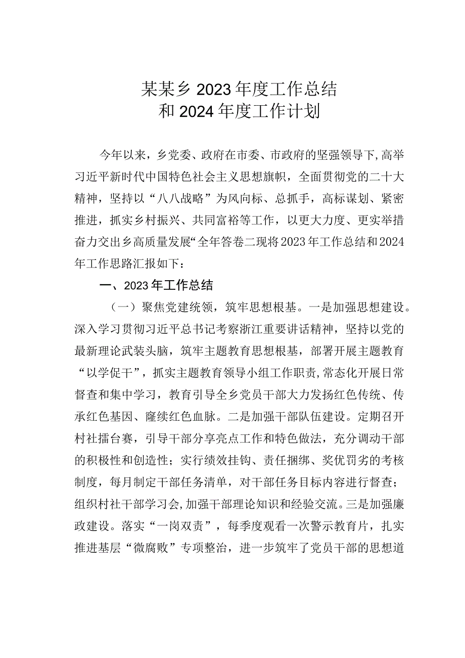 某某乡2023年度工作总结和2024年度工作计划.docx_第1页