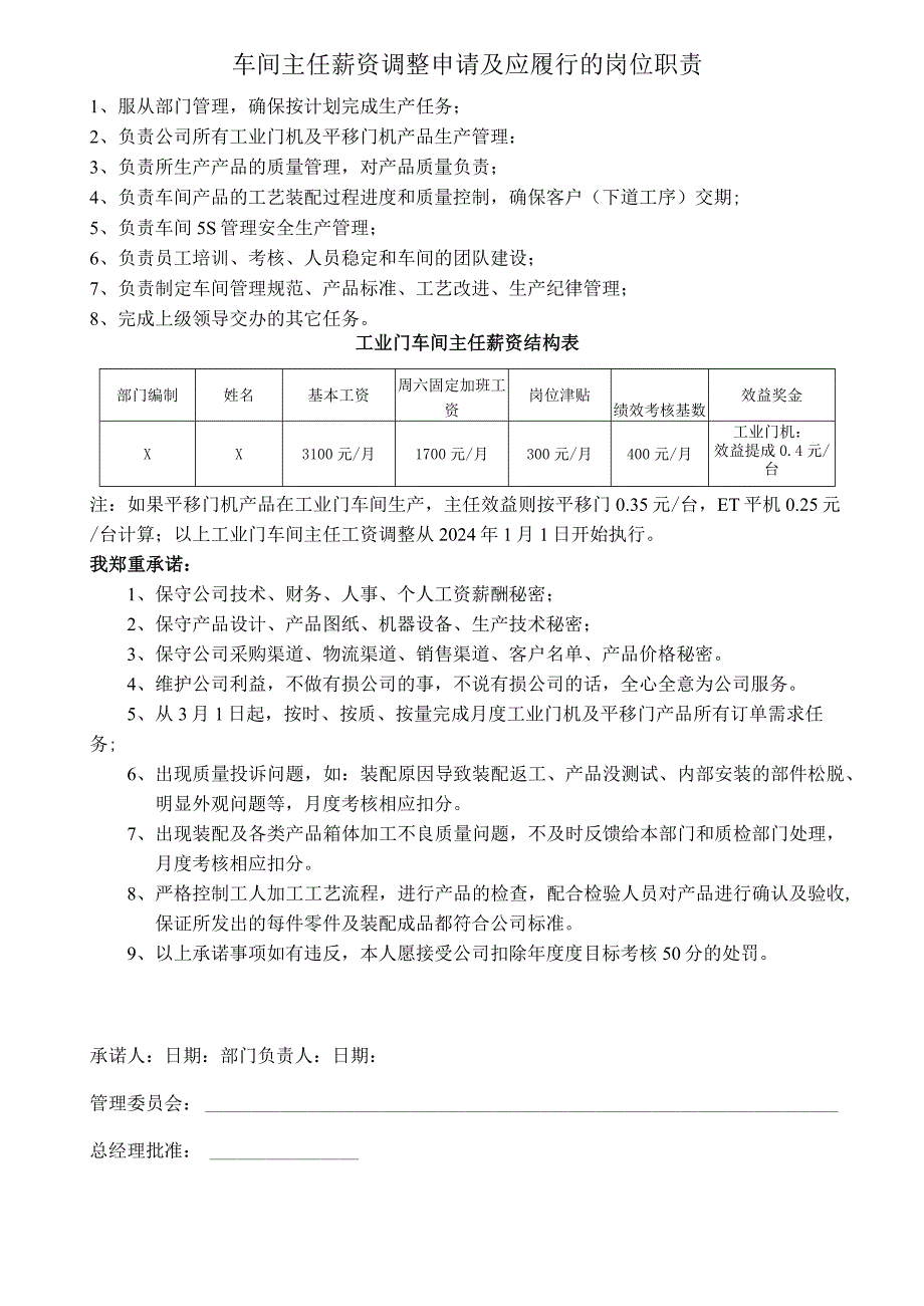 车间主任薪资调整申请及应履行的岗位职责.docx_第1页