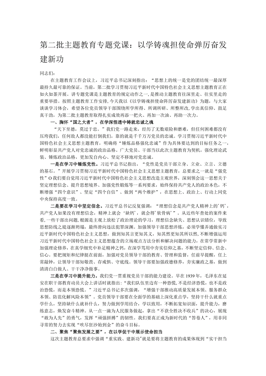 第二批主题教育专题党课：以学铸魂担使命踔厉奋发建新功.docx_第1页