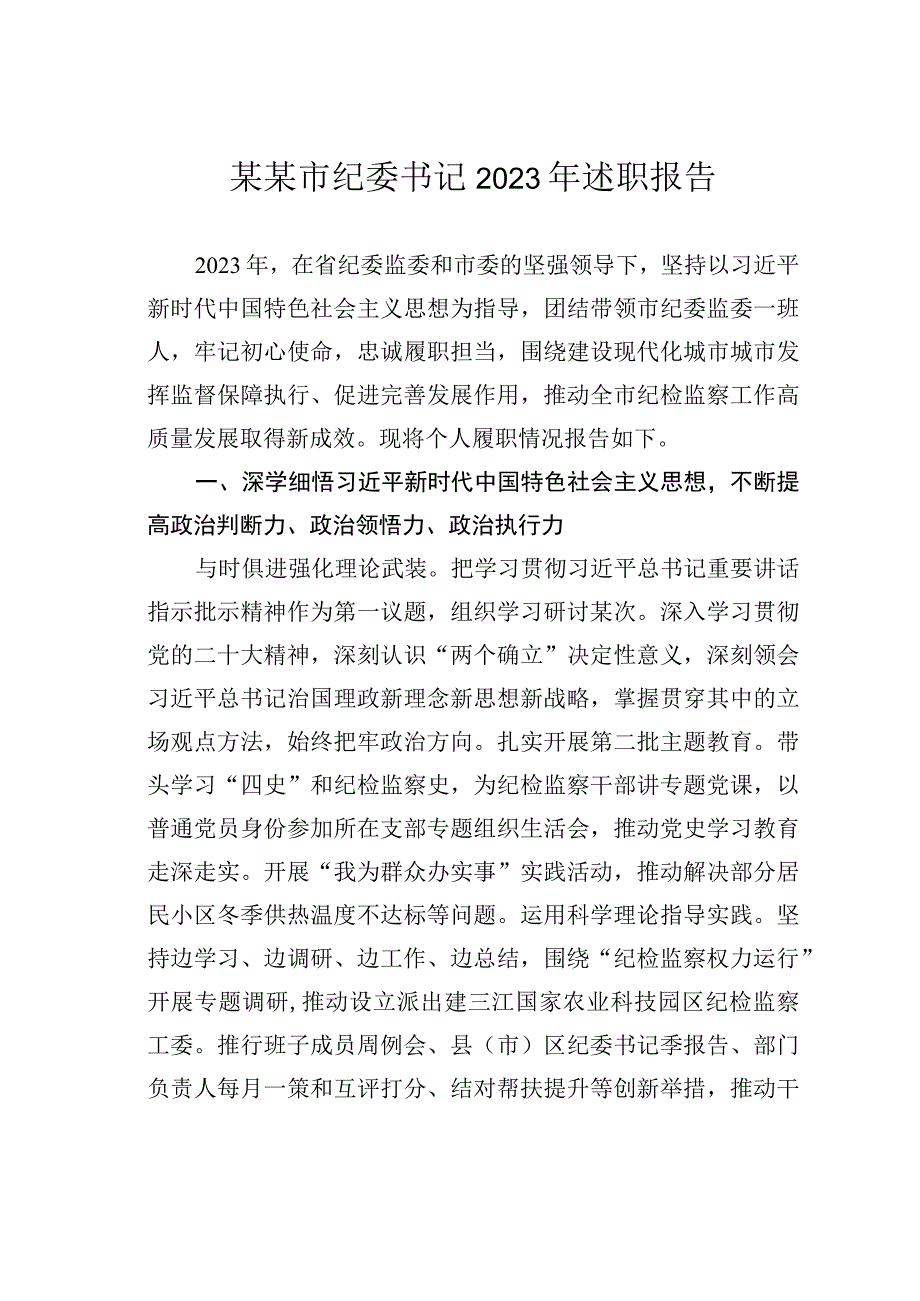 某某市纪委书记2023年述职报告.docx_第1页