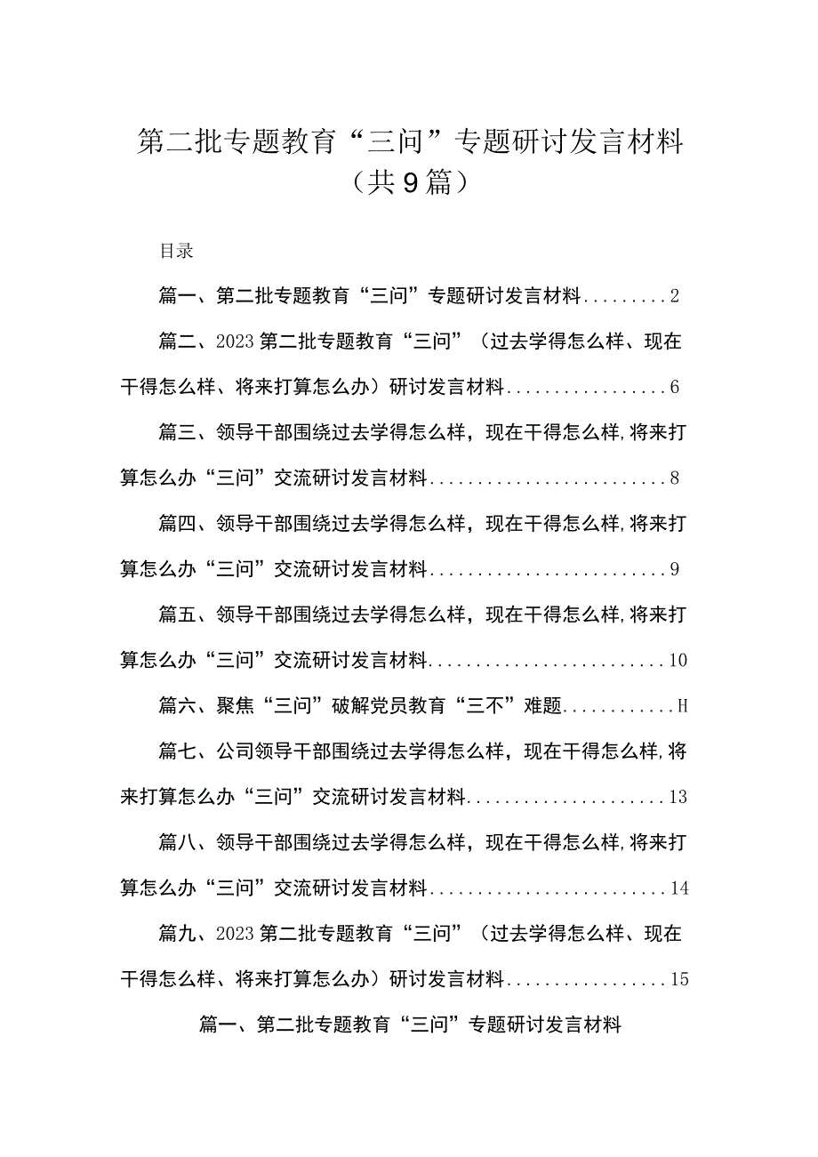 第二批专题教育“三问”专题研讨发言材料（共9篇）.docx_第1页