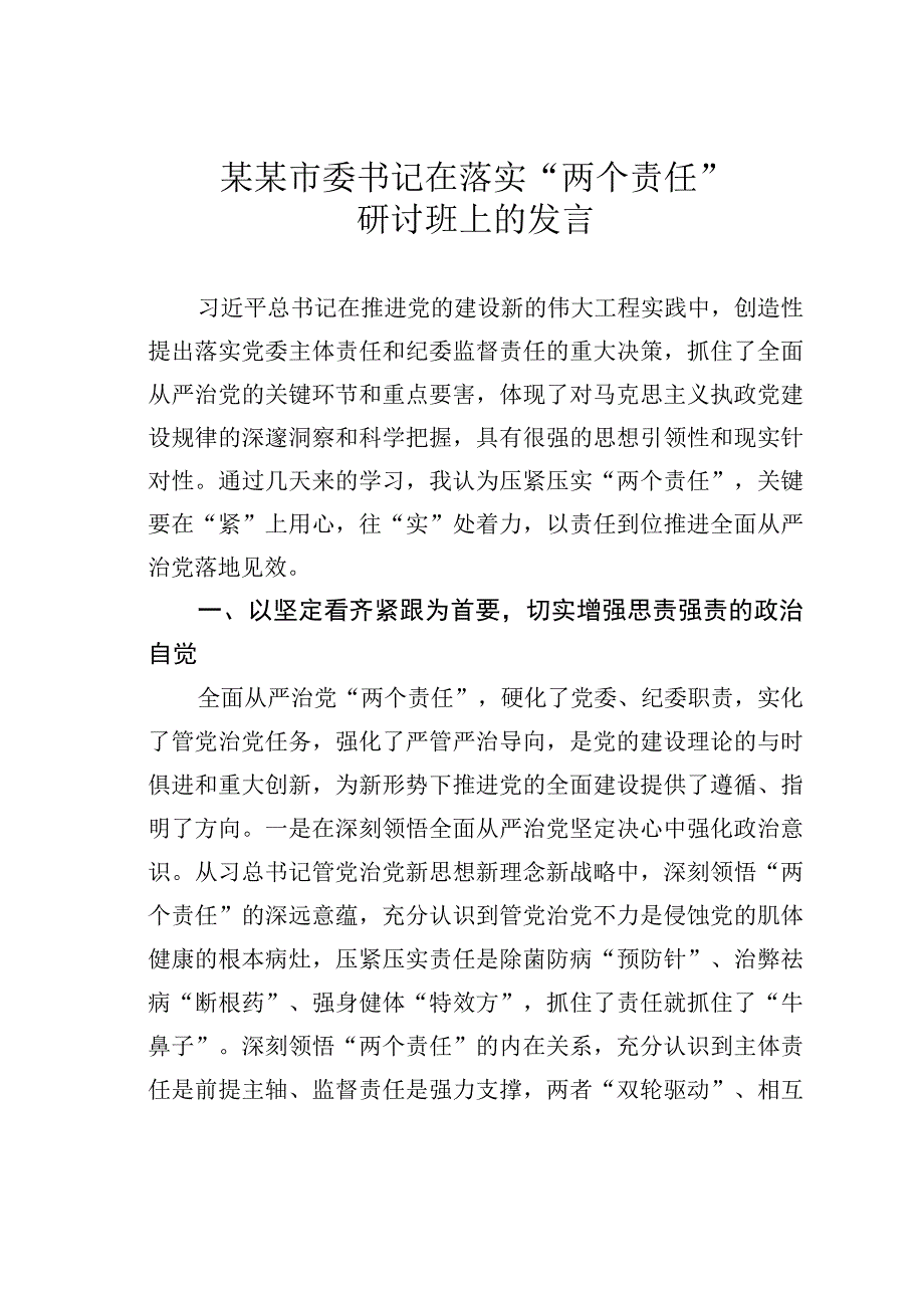 某某市委书记在落实“两个责任”研讨班上的发言.docx_第1页