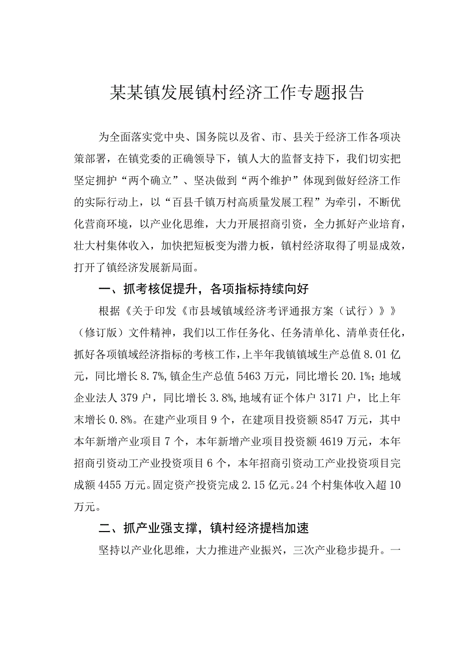 某某镇发展镇村经济工作专题报告.docx_第1页