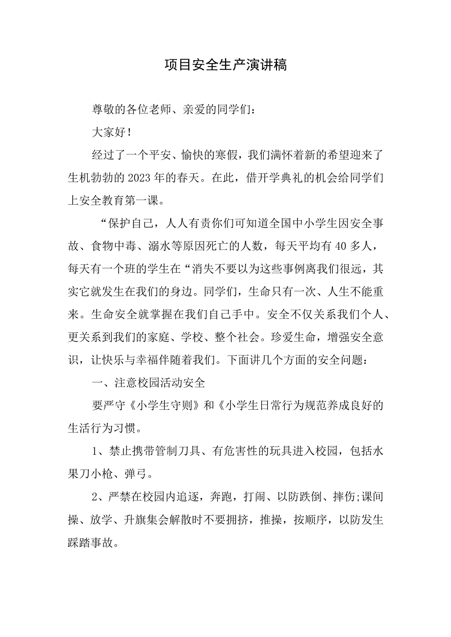 项目安全生产演讲稿.docx_第1页