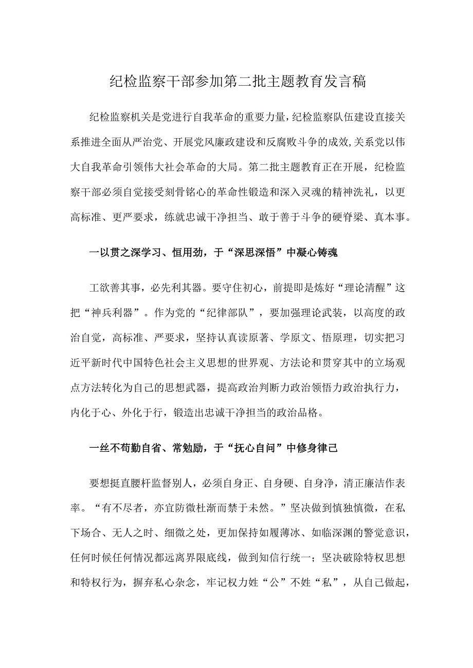 纪检监察干部参加第二批主题教育发言稿.docx_第1页