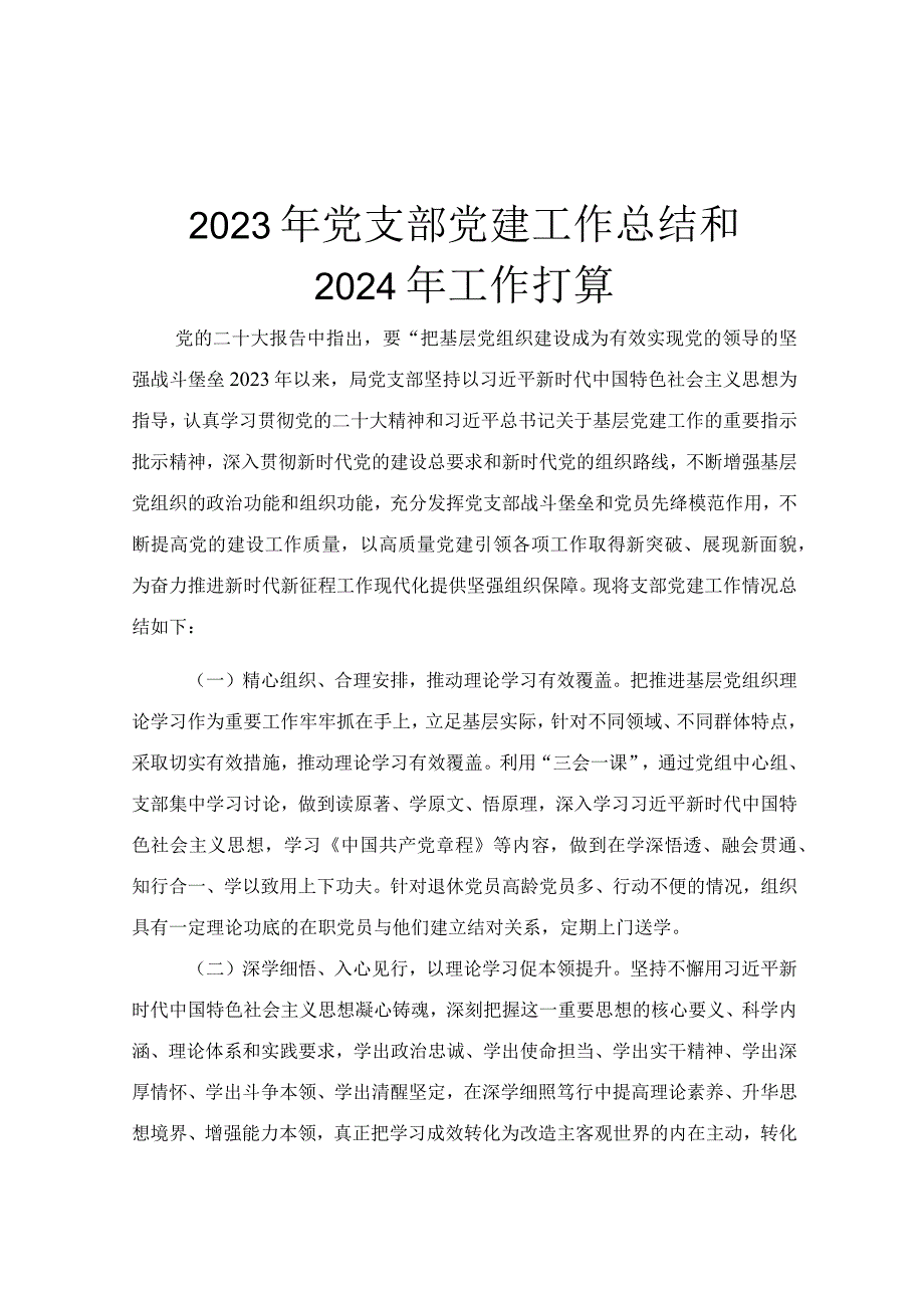 2023年党支部党建工作总结和2024年工作打算.docx_第1页