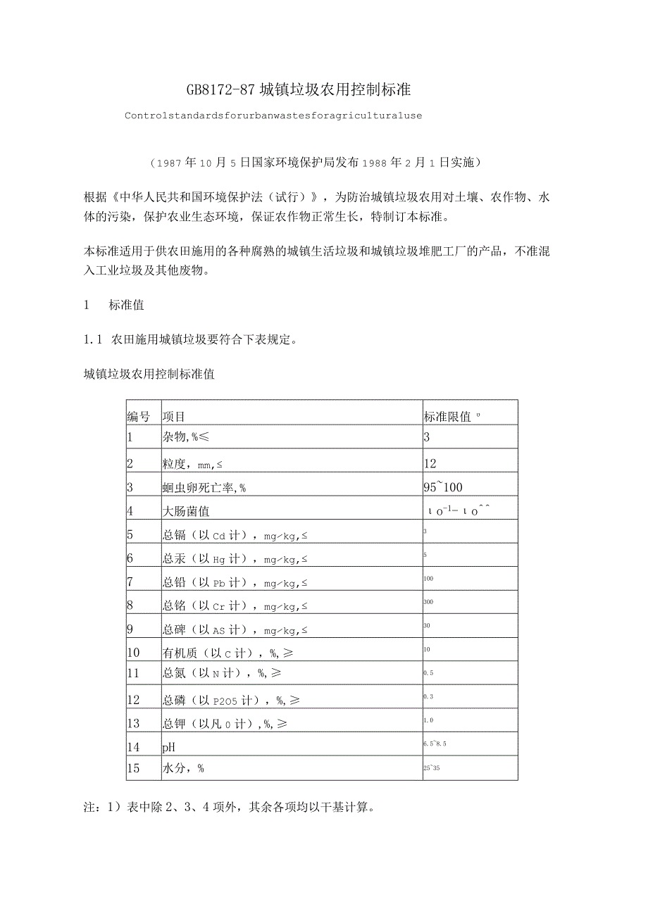 GB8172-87城镇垃圾农用控制标准.docx_第1页