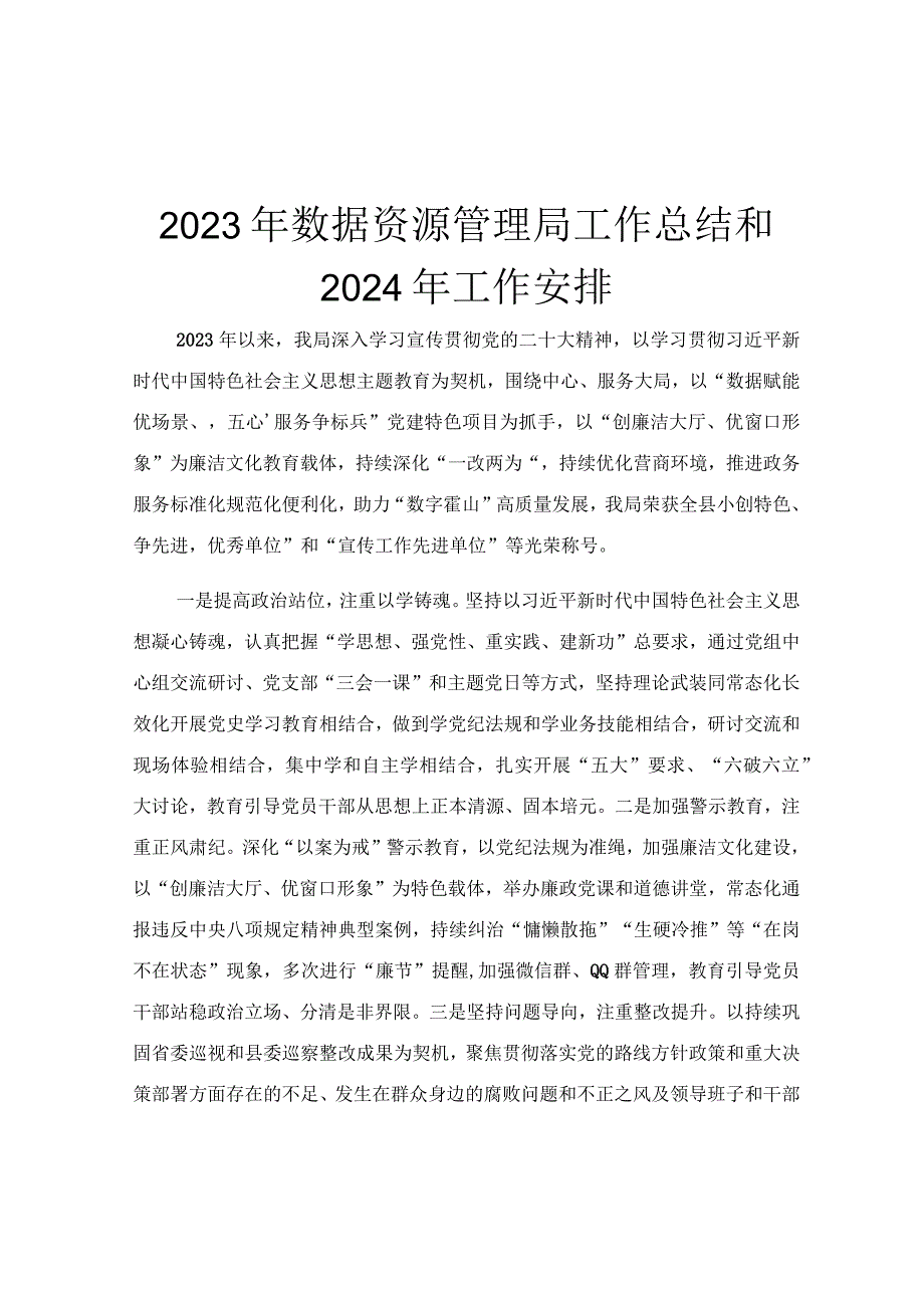 2023年数据资源管理局工作总结和2024年工作安排.docx_第1页