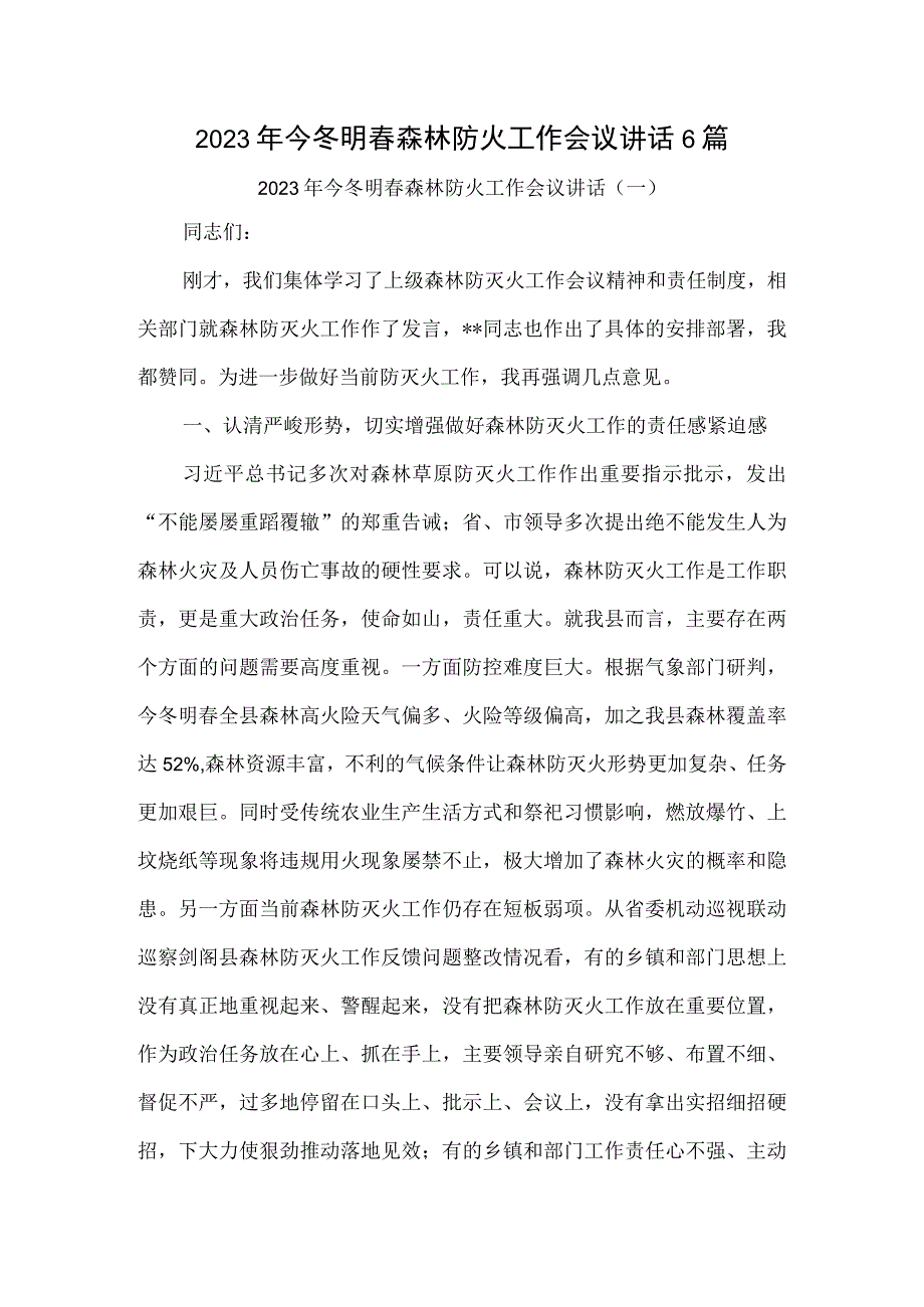 2023年今冬明春森林防火工作会议讲话6篇.docx_第1页