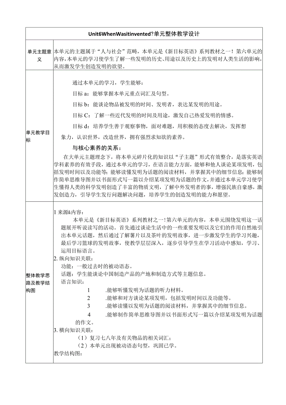 Section A 1a-2d 大单元教学设计Unit 6 When was it invented.docx_第1页