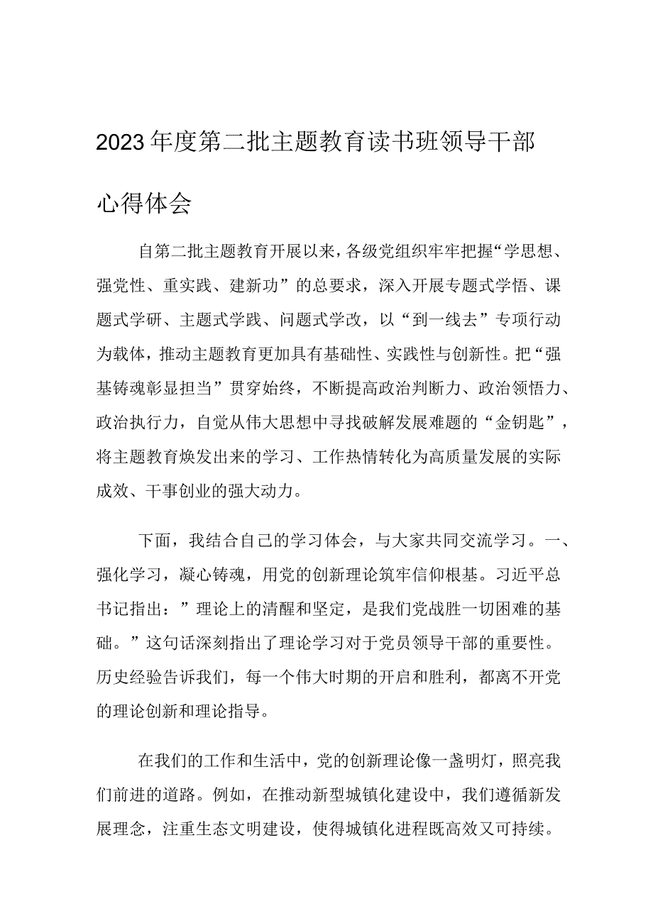 2023年度第二批主题教育读书班领导干部心得体会.docx_第1页