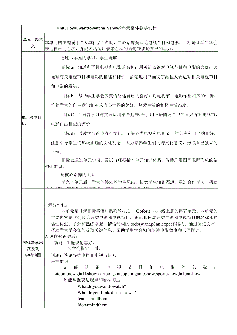 Section A 1a-2c 人教版新目标八年级上大单元教学设计Unit 5 Do you want to watch a TV show.docx_第1页