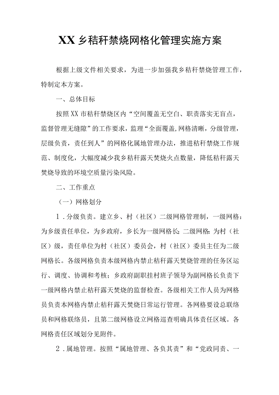 XX乡秸秆禁烧网格化管理实施方案.docx_第1页