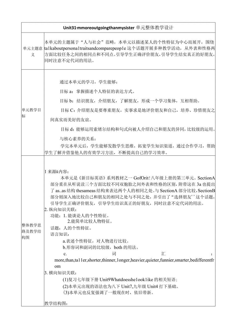 Section A 2d-3c 大单元教学设计（人教版目标八年级上册Unit 3 I'm more outgoing than my sister ）.docx_第1页