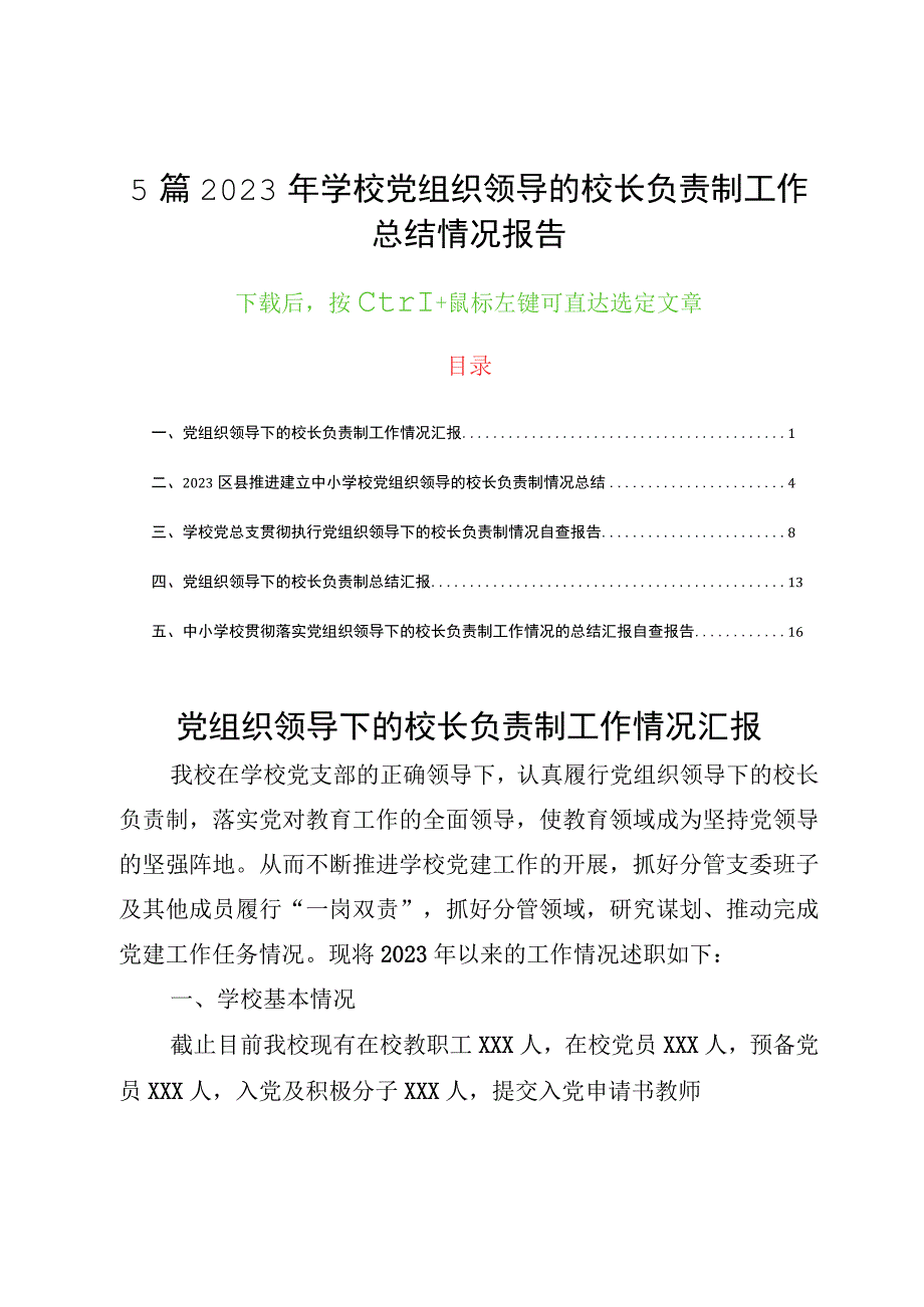 5篇2023年学校党组织领导的校长负责制工作总结情况报告.docx_第1页