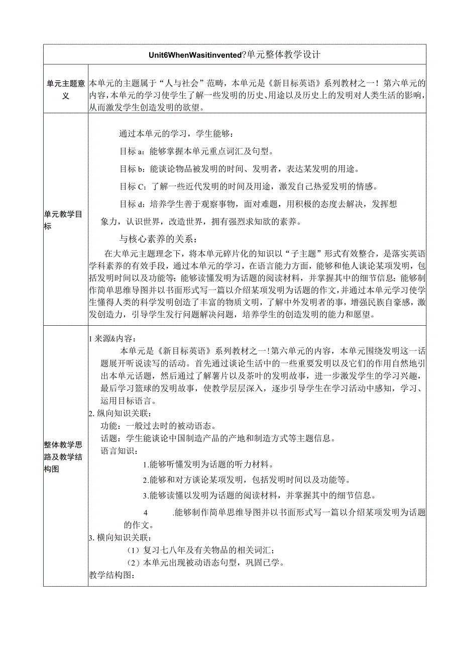 Section B (3a-Self Check)大单元教学设计Unit 6 When was it invented.docx_第1页