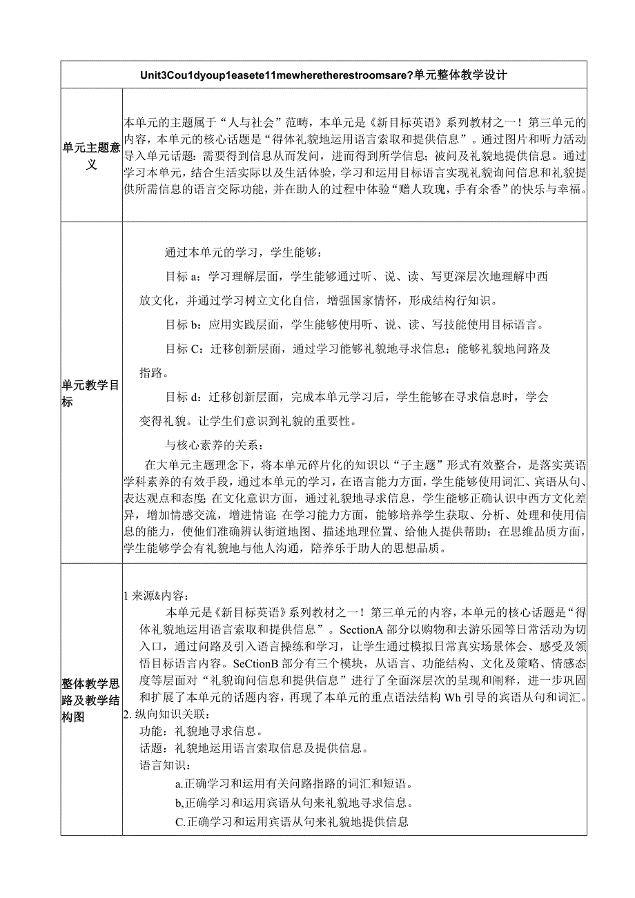 section A (3a-4c)大单元教学设计Unit 3 Could you please tell me where the restrooms are.docx_第1页