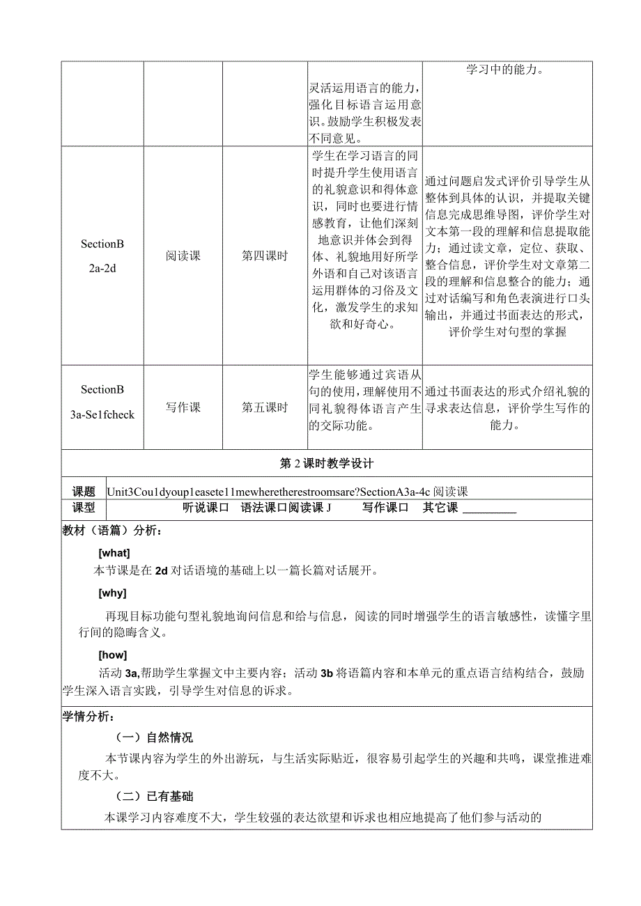 section A (3a-4c)大单元教学设计Unit 3 Could you please tell me where the restrooms are.docx_第3页