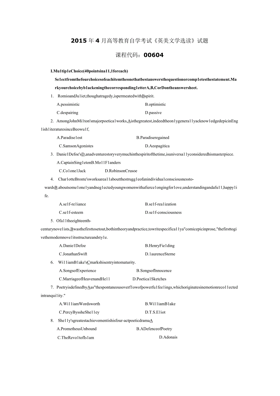 2015年04月自学考试00604《英美文学选读》试题和答案.docx_第1页