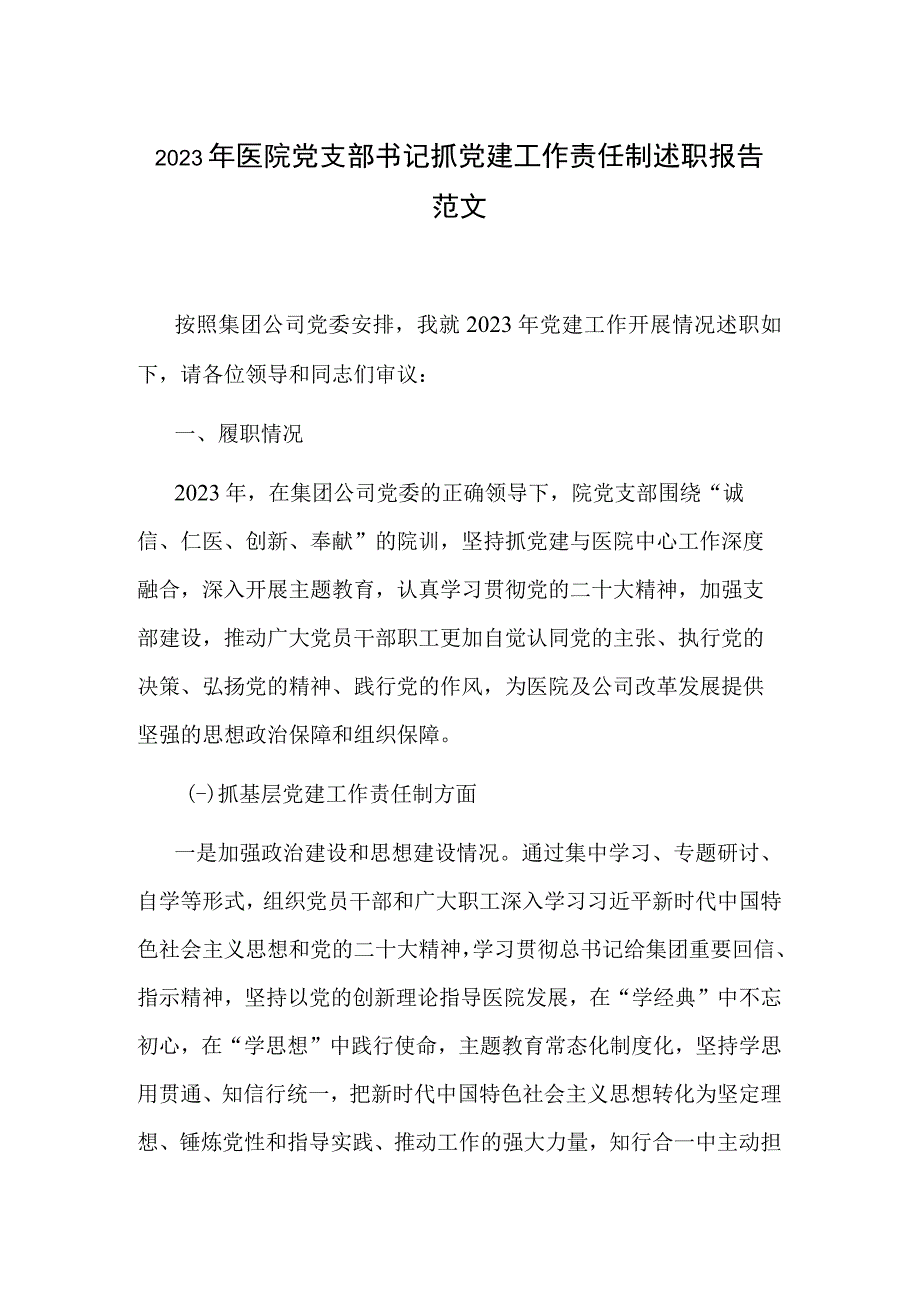 2023年医院党支部书记抓党建工作责任制述职报告范文.docx_第1页