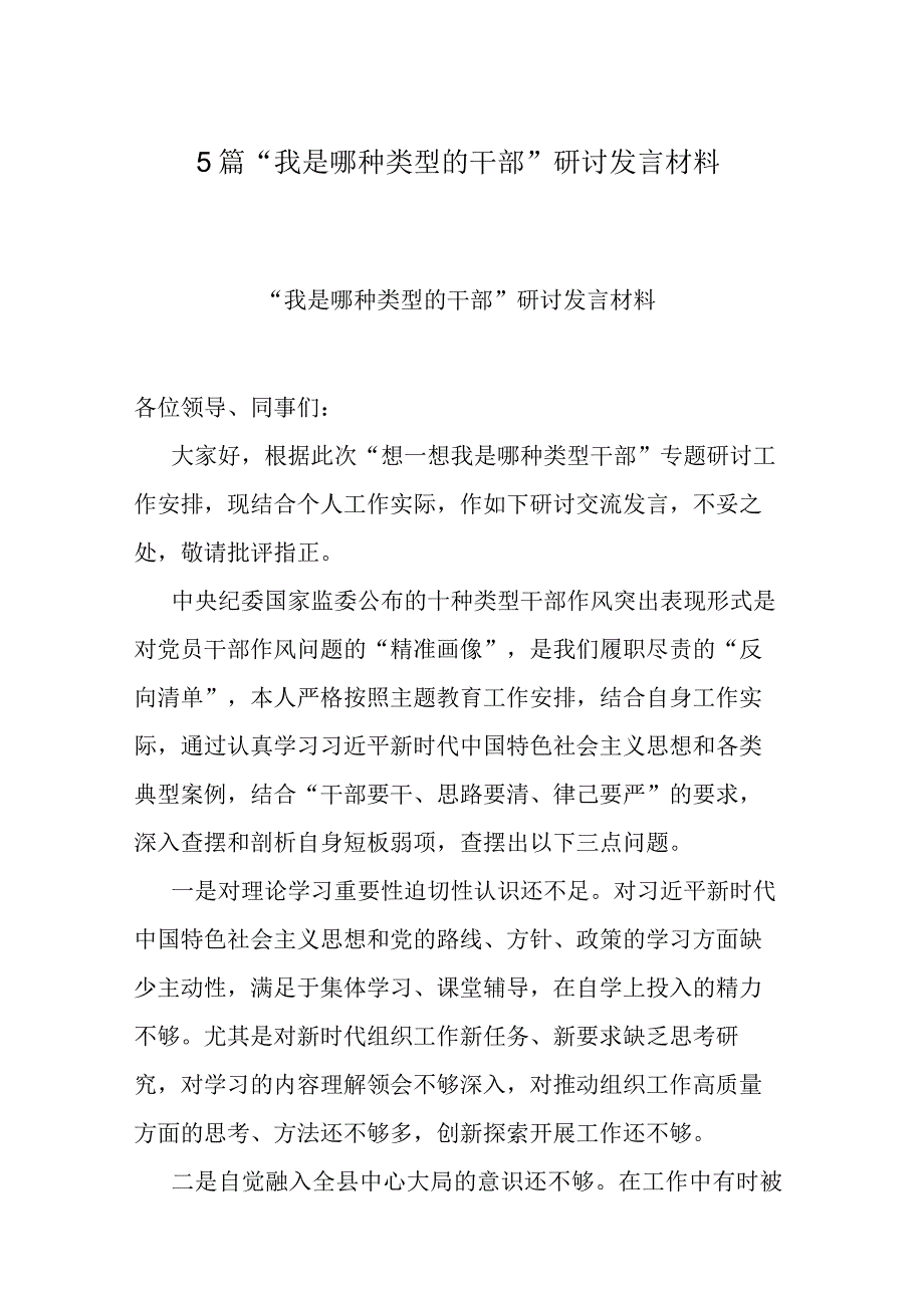 5篇“我是哪种类型的干部”研讨发言材料.docx_第1页