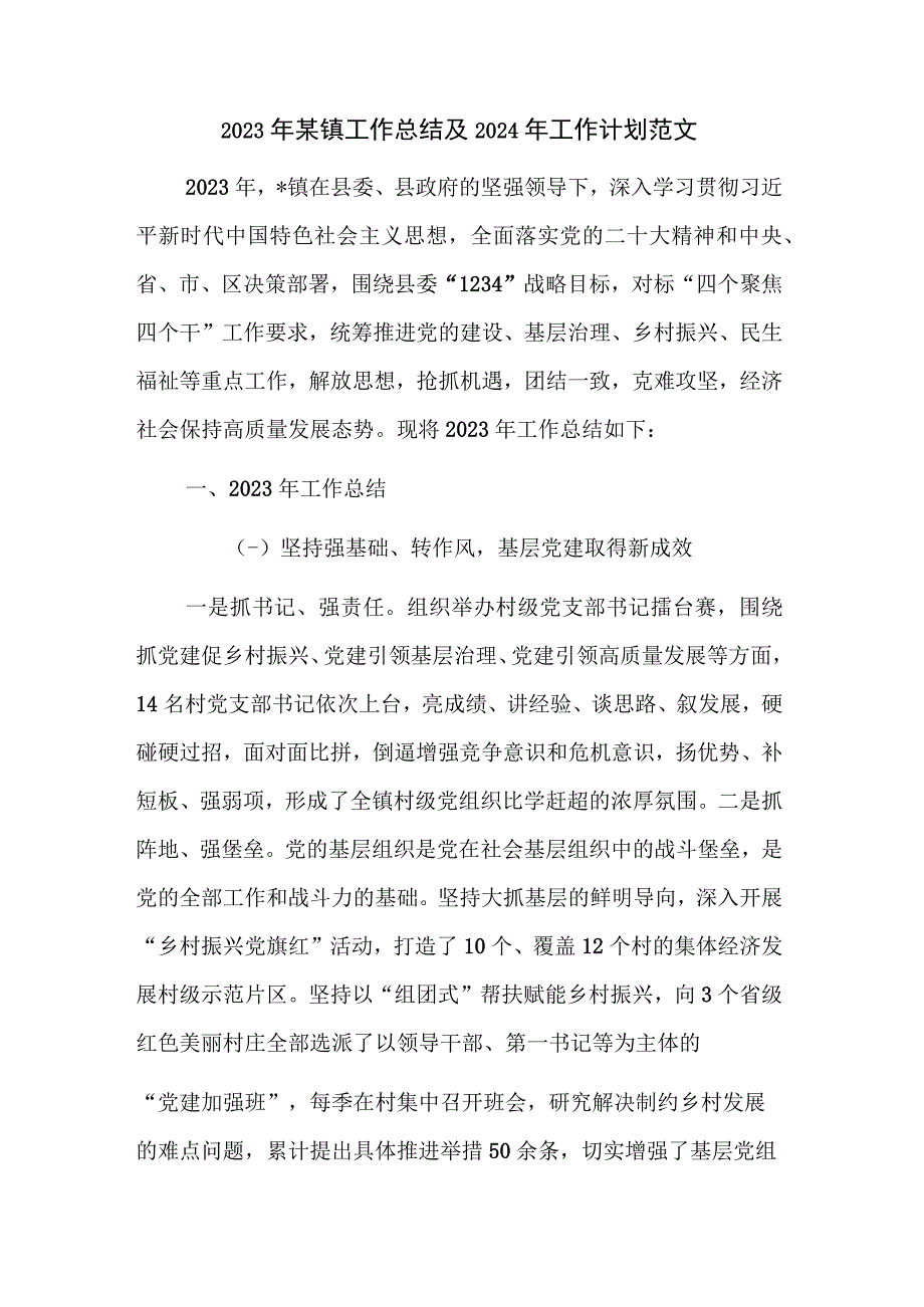 2023年某镇工作总结及2024年工作计划范文.docx_第1页