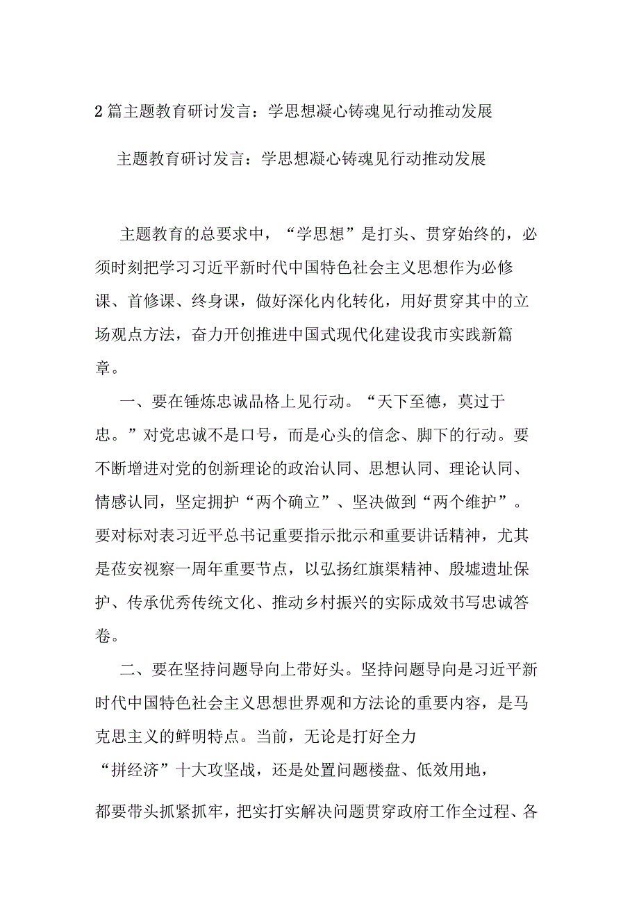 2篇主题教育研讨发言：学思想凝心铸魂 见行动推动发展.docx_第1页