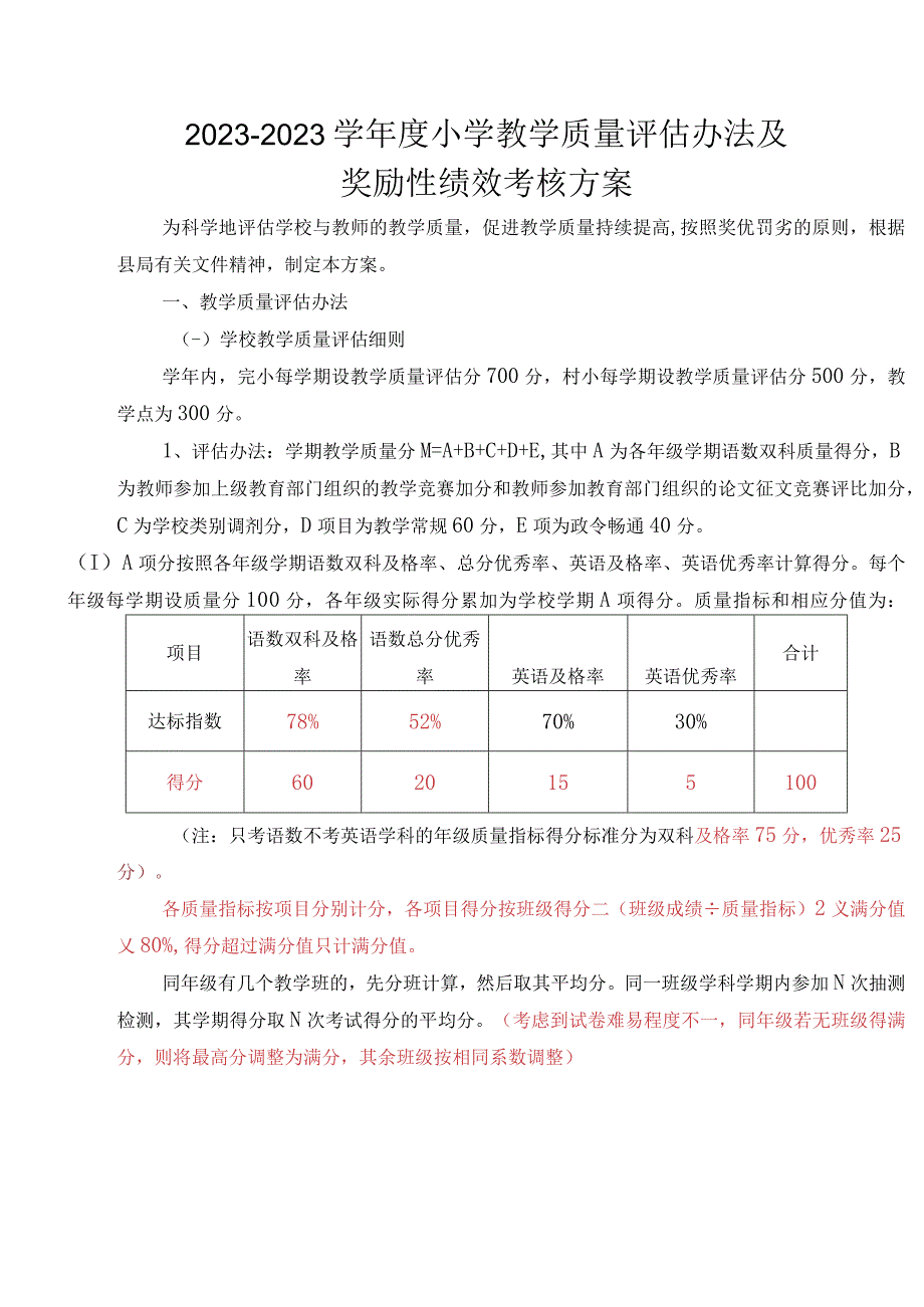 2022-2023学年度小学教学质量评估办法及奖励性绩效考核方案.docx_第1页