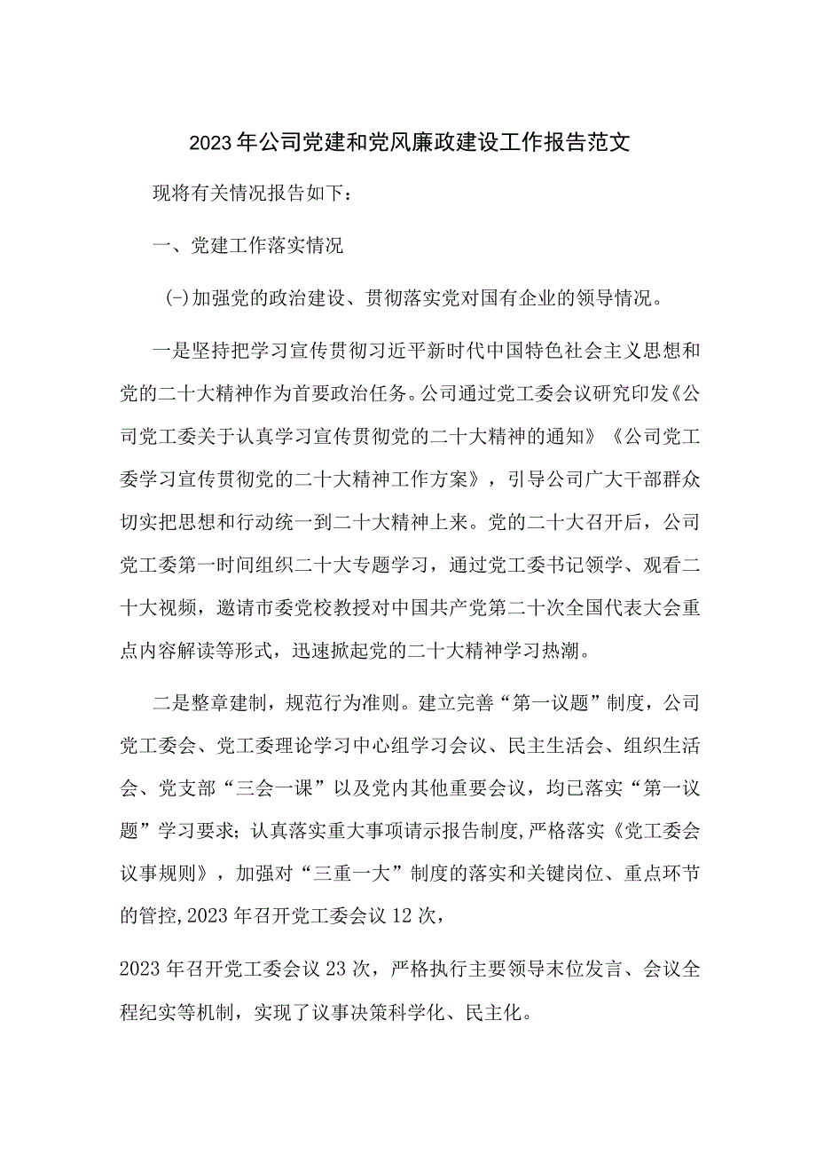 2023年公司党建和党风廉政建设工作报告范文.docx_第1页