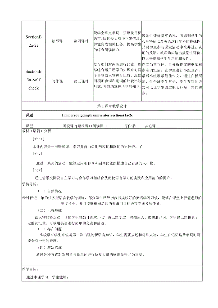 Section A 1a-2c 人教版新目标八年级上大单元教学设计Unit 3 I'm more outgoing than my sister..docx_第3页