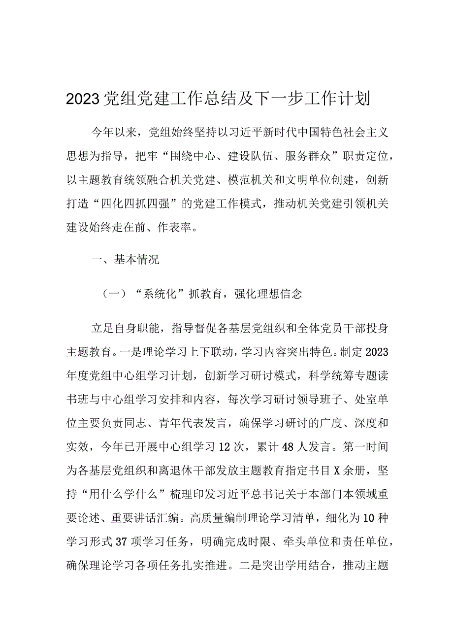 2023党组党建工作总结及下一步工作计划.docx_第1页